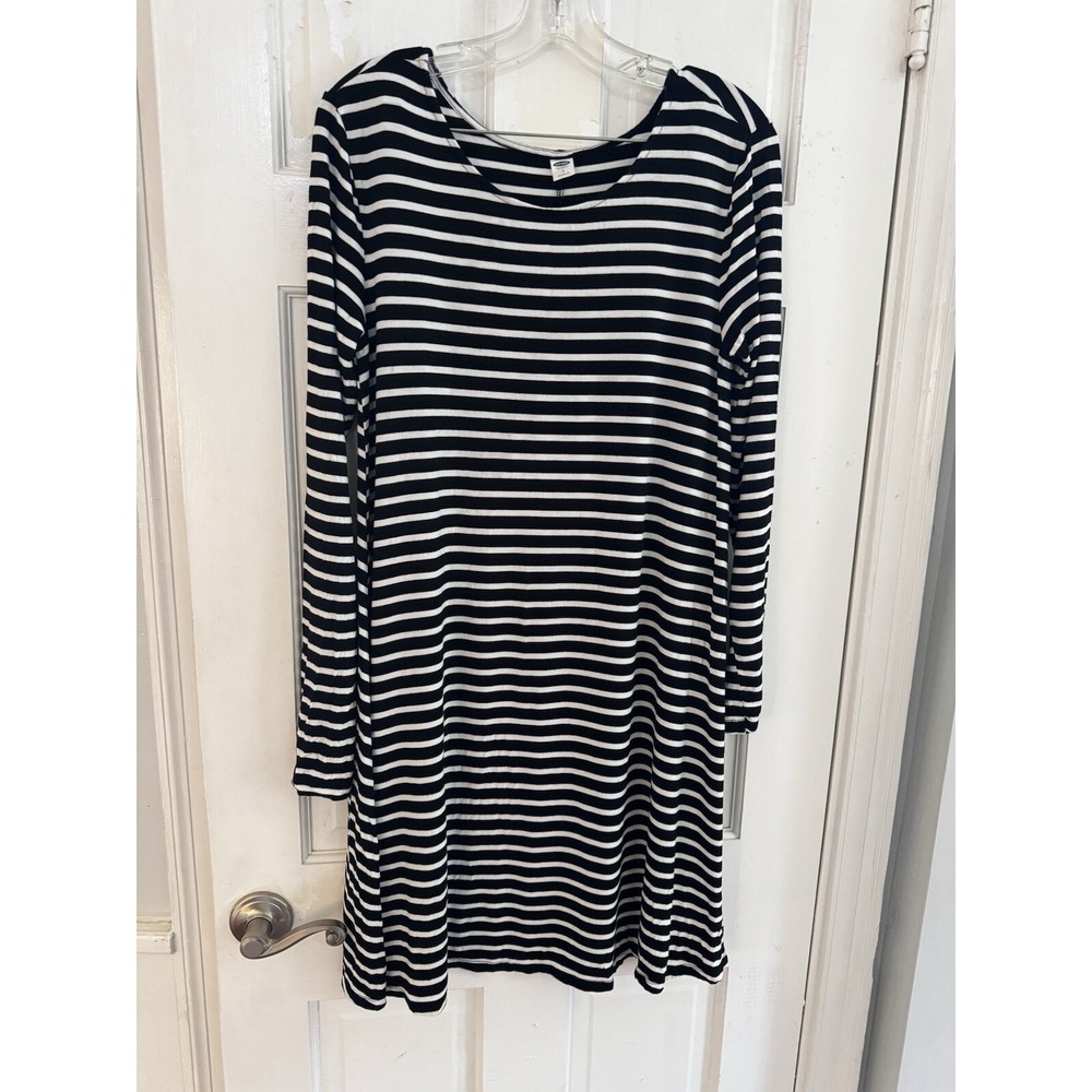 💙Old Navy Fit & Flare Dress Women's Sz L Stretch Black White Striped Comfy Soft